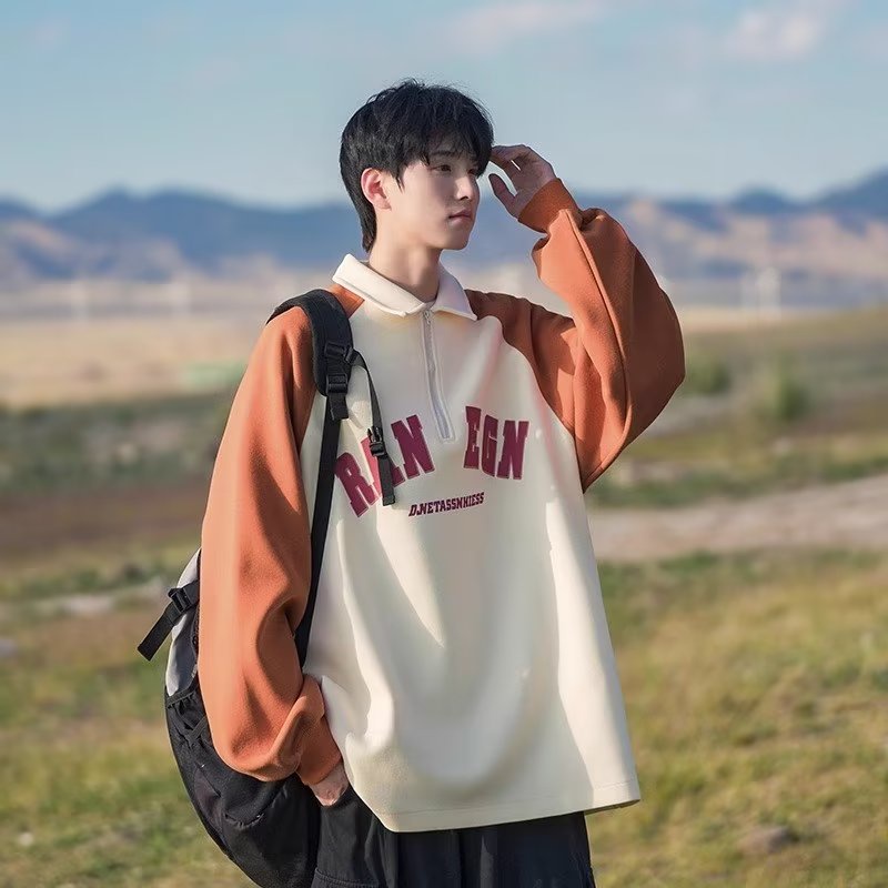 Áo Thun polo Tay Dài Dáng Rộng Có Khóa Kéo Màu Sắc Tương Phản Phong Cách Hàn Quốc Thời Trang Cho Nam