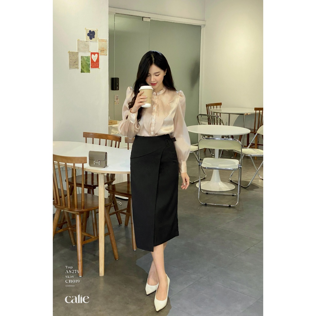 Áo sơ mi nữ dài tay cổ tàu phối đáp ngực CALIE AS274