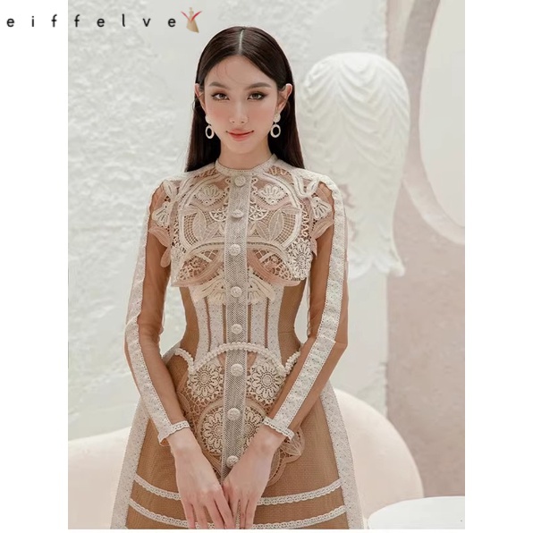 Đầm Ngắn Tay Dài Phối Ren Hoa Tan Trong Nước Thời Trang Mùa Thu 2023