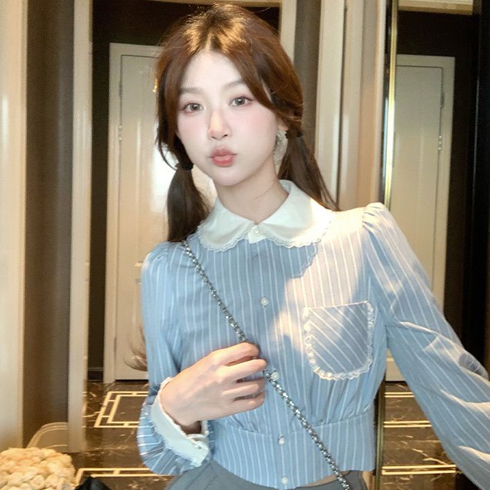 Áo Sơ Mi Tay Dài Cổ Búp Bê Họa Tiết Kẻ Sọc Màu Xanh Dương Thời Trang Mới 2023 Dành Cho Bạn Nữ