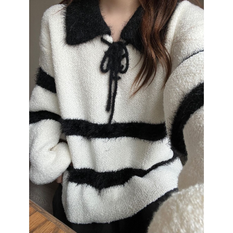 Áo sweater Dệt Kim Tay Dài Dáng Rộng Màu Tương Phản Phong Cách xiaoxiang Mùa Thu Mới Cho Nữ