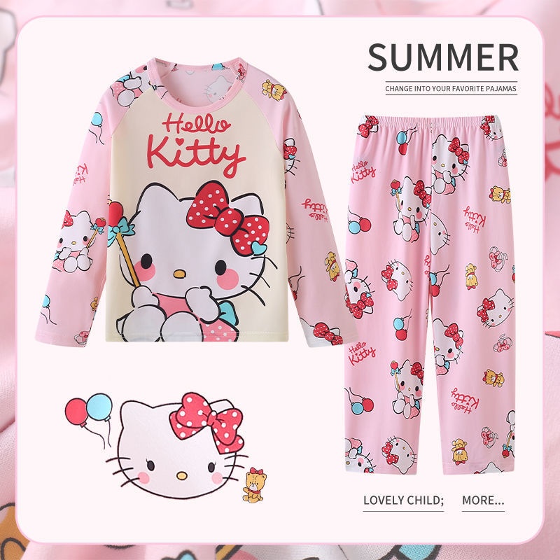 Hello kitty Bộ Đồ Ngủ 2 Món Gồm Áo Tay Dài + Quần Dài In Họa Tiết Hoạt Hình Cho Bé Trai / Gái