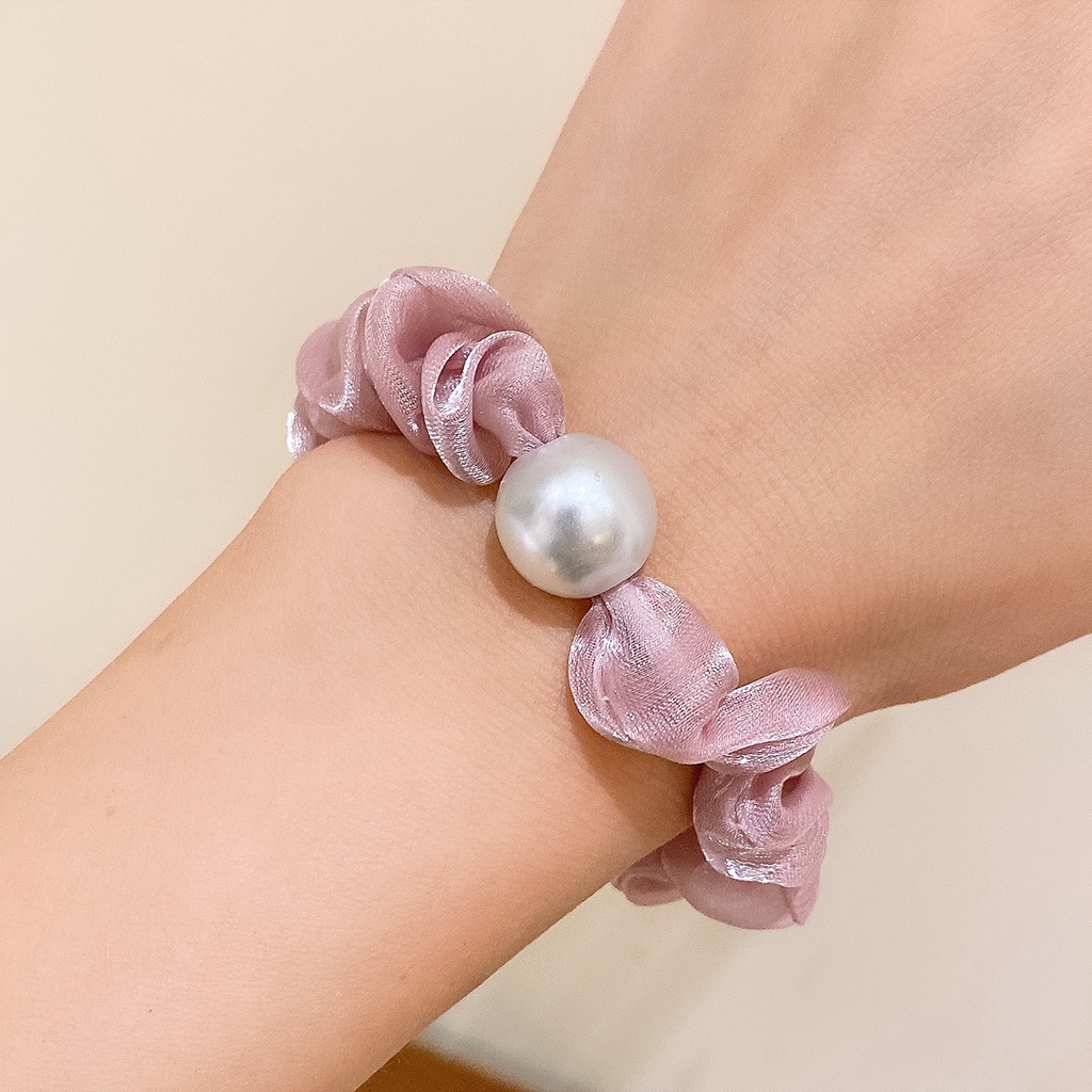 Cột tóc srunchies vải lưới bóng kim tuyến đính hạt châu đơn giản CT21