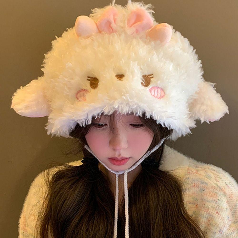 Mũ Trùm Đầu Giữ Ấm Mùa Đông Bằng Vải Bông Dày Màu Trắng Hình Cừu Dễ Thương
