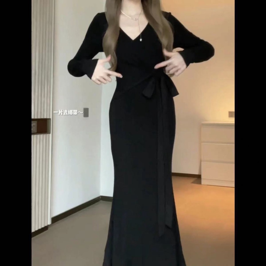 Đầm sweater Dài Tay Chiết Eo Phong Cách Pháp Thời Trang Thu Đông Kiểu Mới Cỡ Lớn Cho Nữ