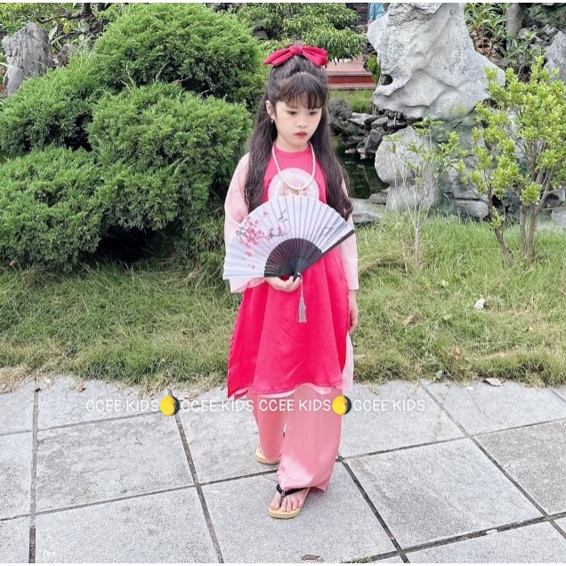 Set áo dài cách tân bé gái đình đám cho gái diệu hình thêu hoa xinh iuu