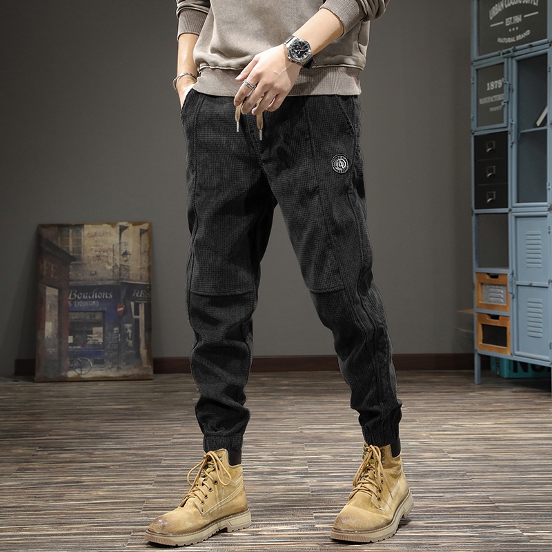 Quần nhung tăm dáng rộng lưng thun co giãn phong cách retro Mỹ thời trang mùa đông cho nam có size lớn