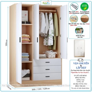 Tủ áo quần gỗ 3 cánh có nhiều ngăn xếp đồ và 3 ngăn kéo tqa-65 zatafu
