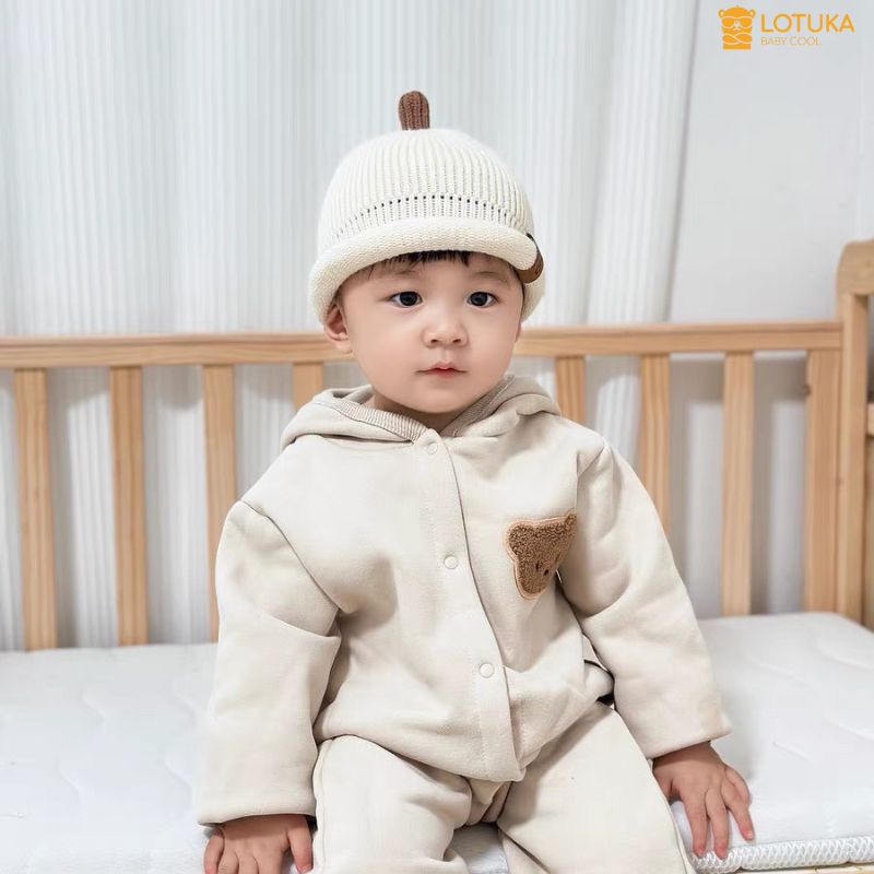 Body Liền Mũ Lót Lông Nhung Đính Gấu LOTUKA Ấm Áp Cho Bé Trai Bé Gái, Bodysuit Cho Bé, Áo Thu Đông Size 3-12kg