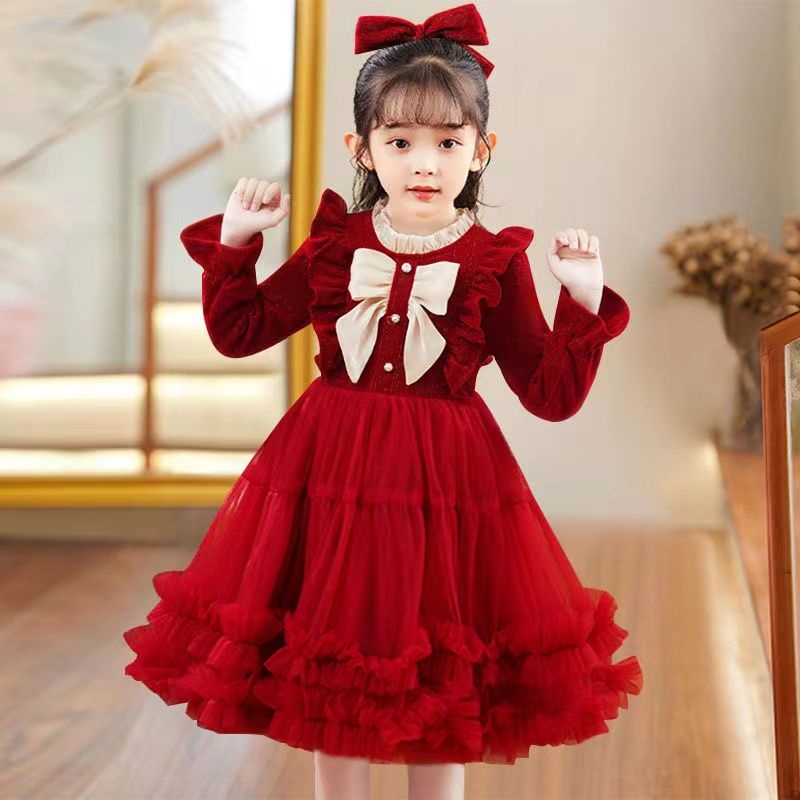 Đầm Công Chúa Chất Nhung Đính Nơ Thời Trang Thu Đông Xinh Xắn Cho Bé Gái