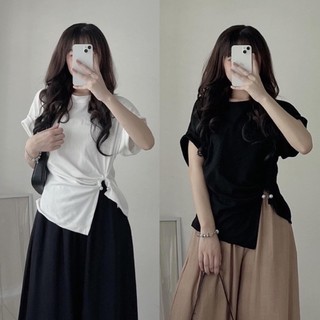 Áo thun trơn cổ tròn tay hến nhún eo