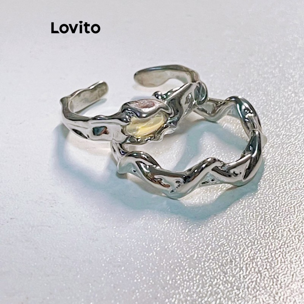 Nhẫn cặp đôi Lovito có thể điều chỉnh kiểu sóng đính đá mặt trăng bất đối xứng màu trơn thường ngày cho nữ LFA06230 ()