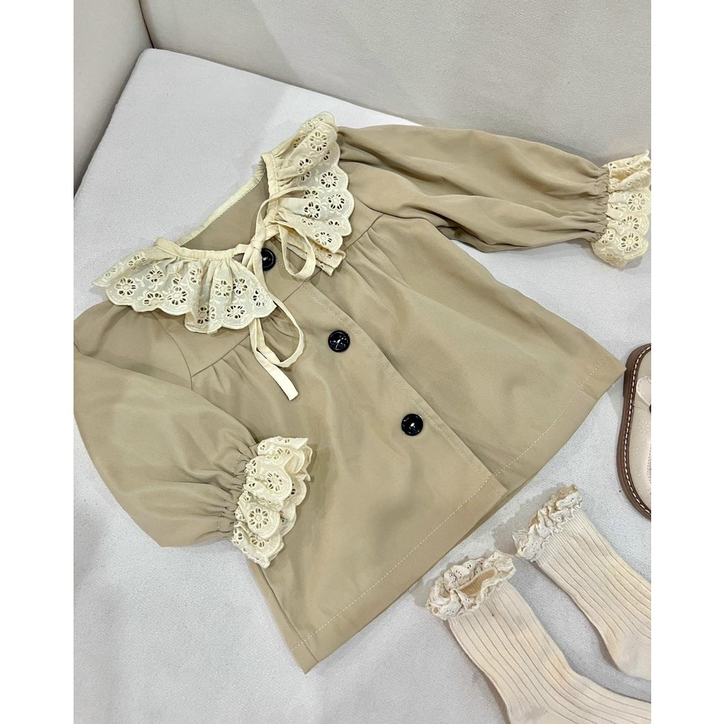 Áo Khoác Kaki Mềm Cổ Viền Ren Buộc Nơ Điệu Đà