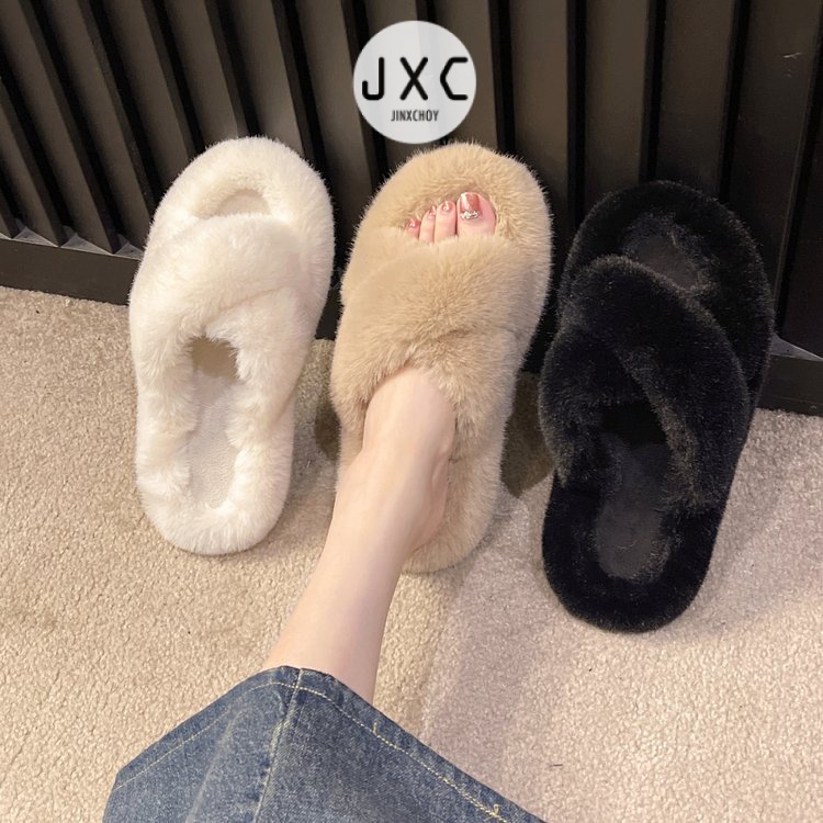 JINxCHOYDép Lông Xù Mũi Tròn Quai Chéo Màu Trơn Dễ Thương Hợp Thời Trang Hè