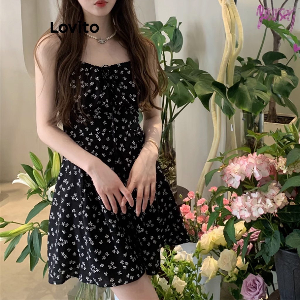 Đầm Lovito chữ A xếp nếp họa tiết họa nhí thời trang mùa hè thường ngày cho nữ LNA21014 (màu đen)