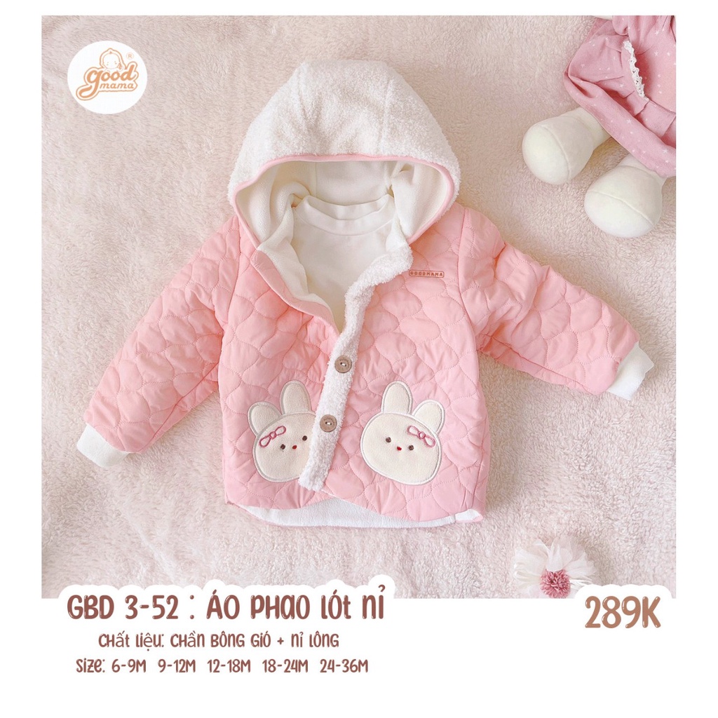 Áo khoác phao nỉ lót lông Goodmama mềm mịn ấm áp cho bé từ 6 tháng đến 3 tuổi