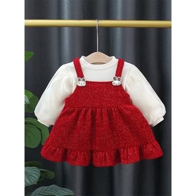 Set Thu Đông Áo Tay Phồng Kèm Váy Đỏ Đính Thỏ Cho Bé Gái 1 2 3 4 5 Tuổi MINTSCLOSET - GS1289