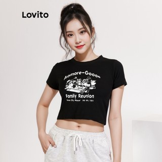 Áo thun Lovito cổ tròn in chữ hoạt hình L18X115 (Màu đen)