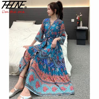 Thhone Đầm maxi cotton Lanh Ngắn Tay Dáng Rộng In Họa Tiết Hoa Phong Cách Hàn Quốc Cho Nữ
