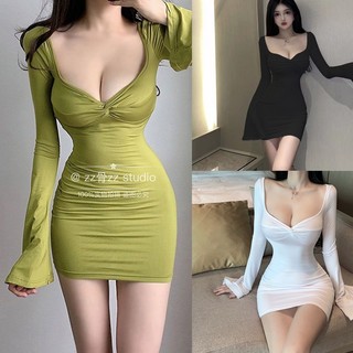 Đầm Tay Dài Cổ Chữ V Sâu Màu Sắc Đơn Giản Quyến Rũ