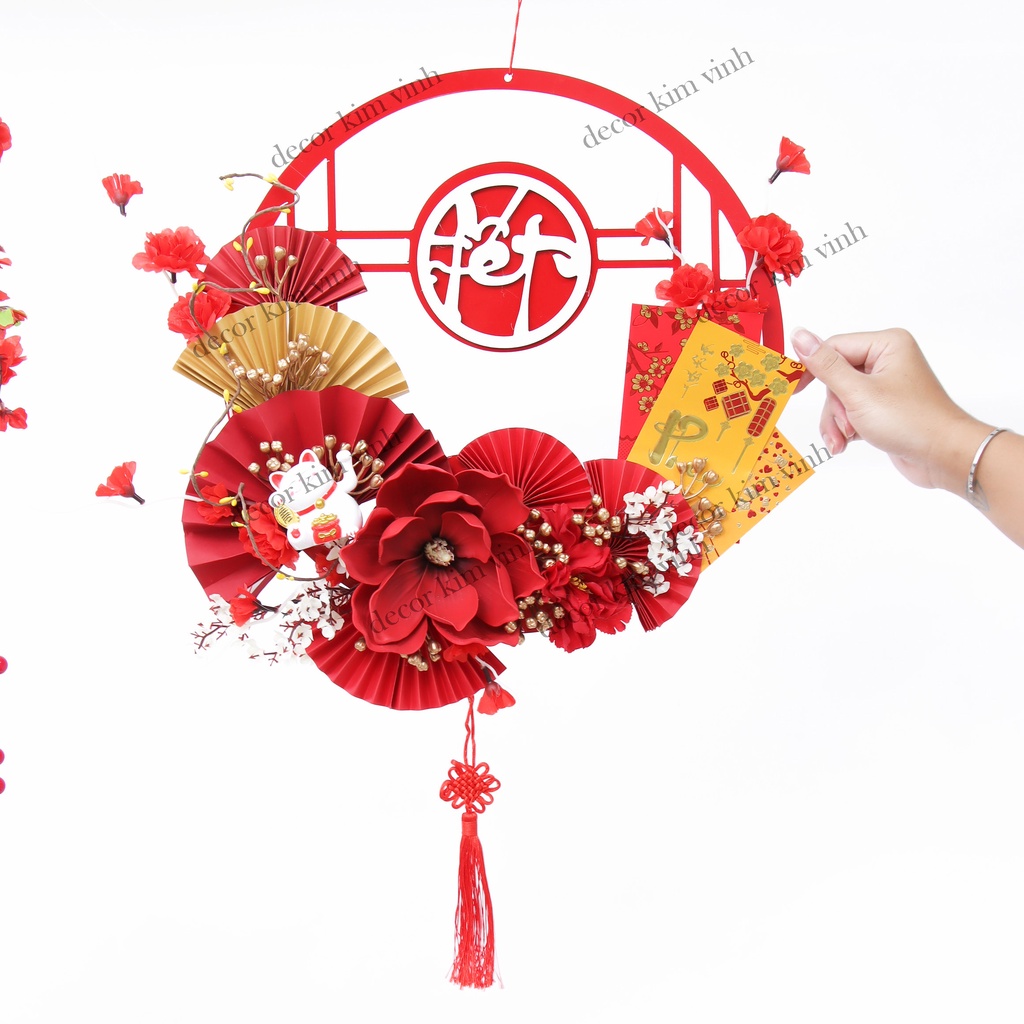 Vòng Hoa Trang Trí Tết H87 40cm Kèm Đèn