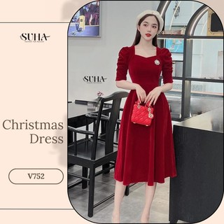 Váy nhung thiết kế tay lỡ dáng xòe che khuyết điểm, vải lỳ v752 Christmas  Dress-SUHA FASHION Nữ Đầm