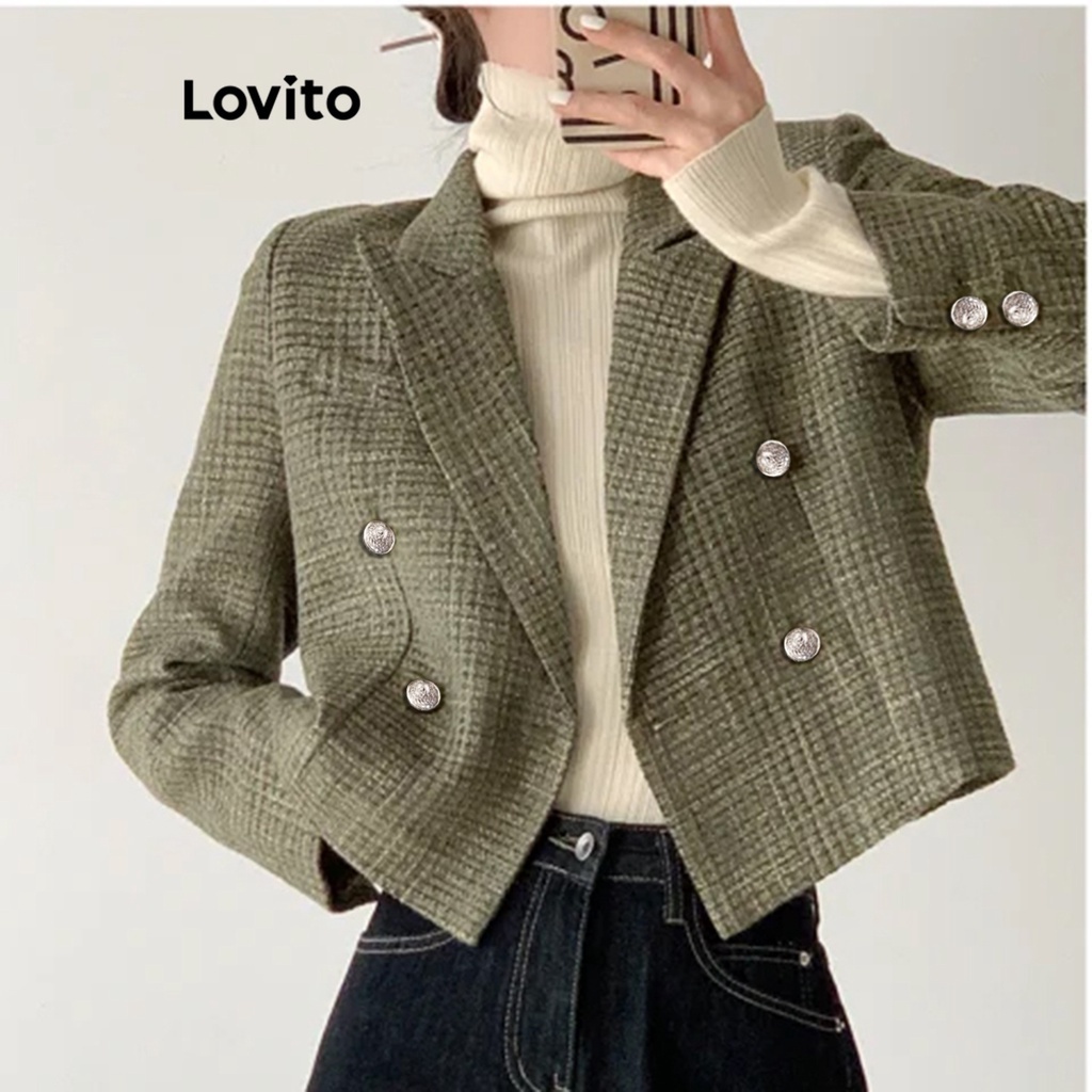 Áo blazer Lovito cài nút đôi màu trơn thanh lịch cho nữ LNE27218 (màu xanh lá)