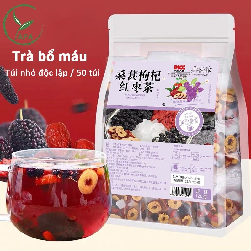 Trà bổ máu 50 gói x 8gr Trà thảo mộc gồm Hắc kỷ tử Kỳ tử đỏ Dâu tằm Táo đỏ Đường phèn Mát gan Đẹp Da
