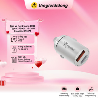 Sạc xe hơi 2 cổng USB Type C PD QC 3.0 30W Xmobile SN-571 Bạc