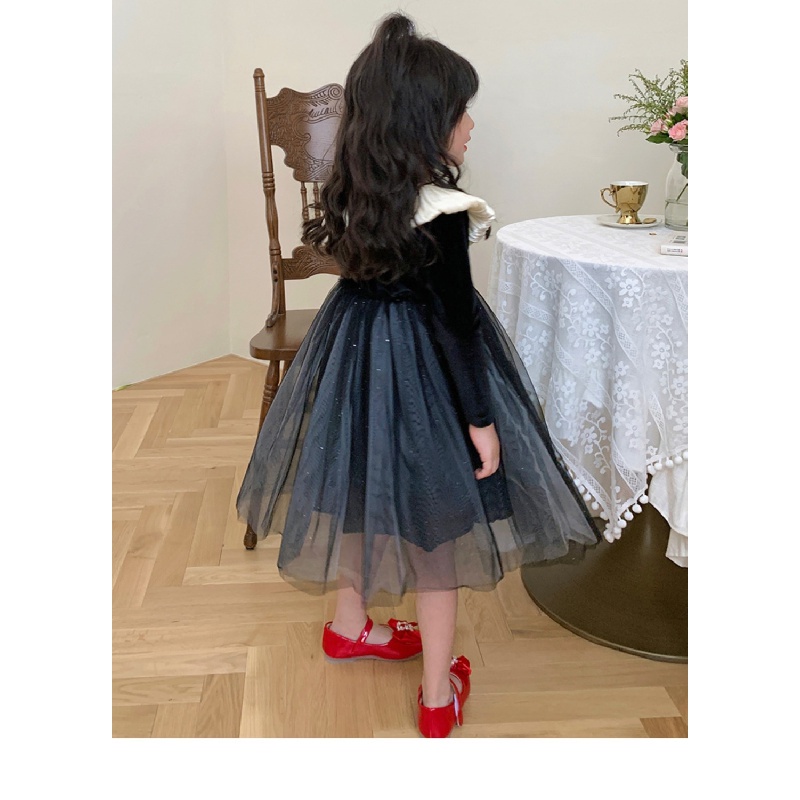 Đầm Công Chúa Vải Nhung Phối Lưới Phong Cách Hàn Quốc Thời Trang Xuân Thu Cho Bé Gái