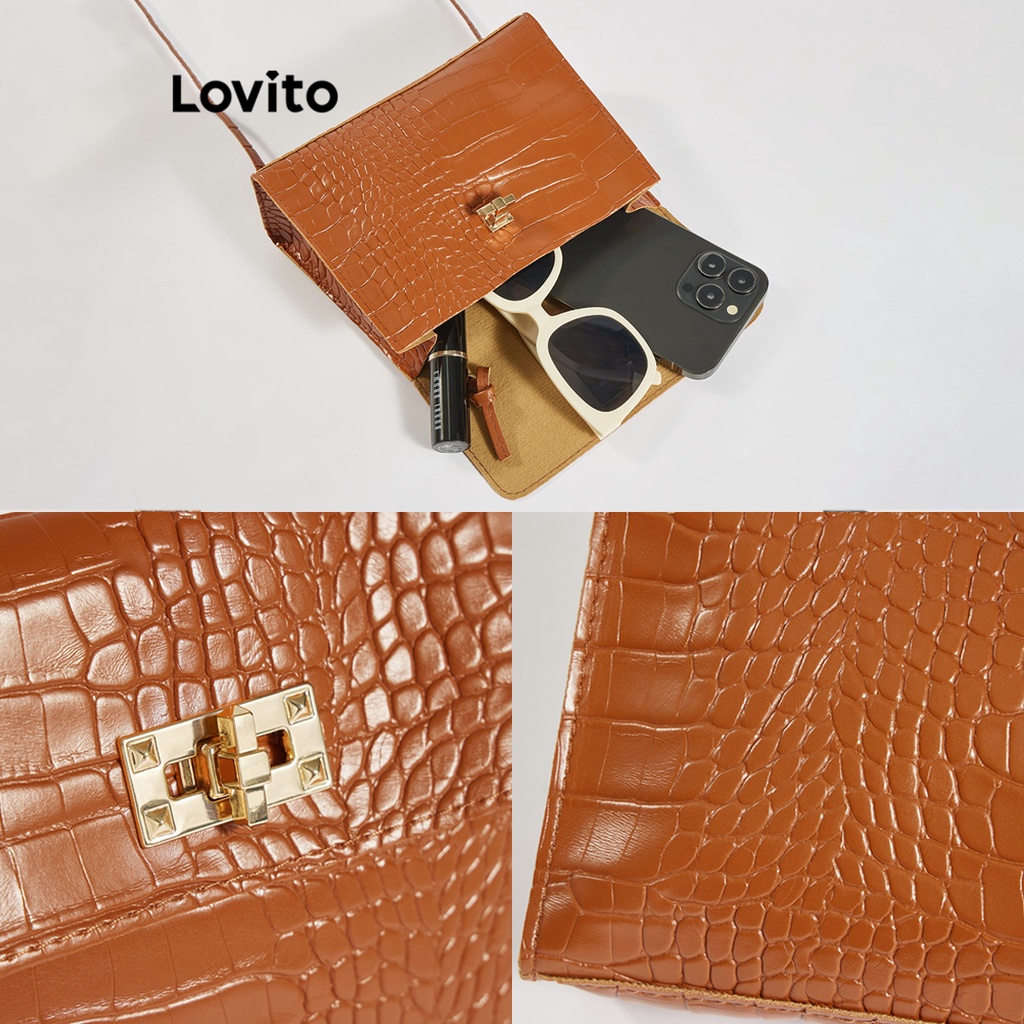 Túi tote Lovito đeo vai vân da cá sấu màu trơn văn phòng chuyên nghiệp thường ngày cho nữ L63AD319