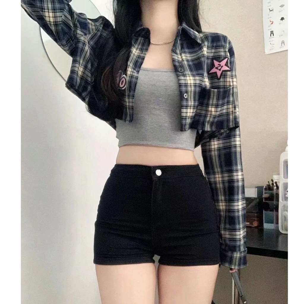 IELGY Áo Khoác Sơ Mi Ngắn Dáng Rộng Kẻ Sọc Caro Thêu Họa Tiết Đơn Giản Thời Trang Cho Nữ