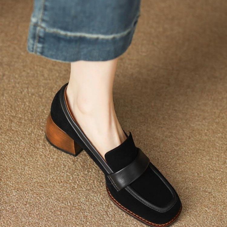 Giày Da Lộn Gót Dày Mũi Vuông Thời Trang Cho Nữ size 34-39