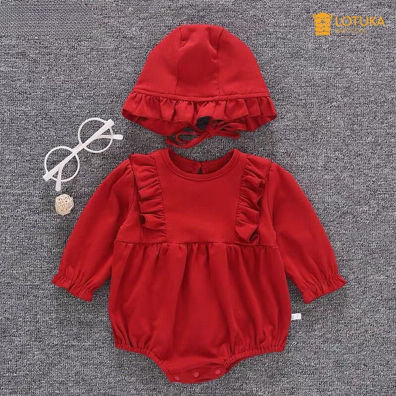 Body chip đỏ kèm mũ LOTUKA, Bodysuit phong cách tiểu thư cho các bé gái chất mềm cotton mại size 3-12kg