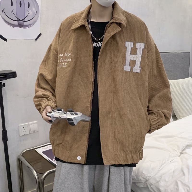 Áo khoác bomber nhung tăm thêu chữ H , phối màu basic đơn giản unisex EB016 Meme