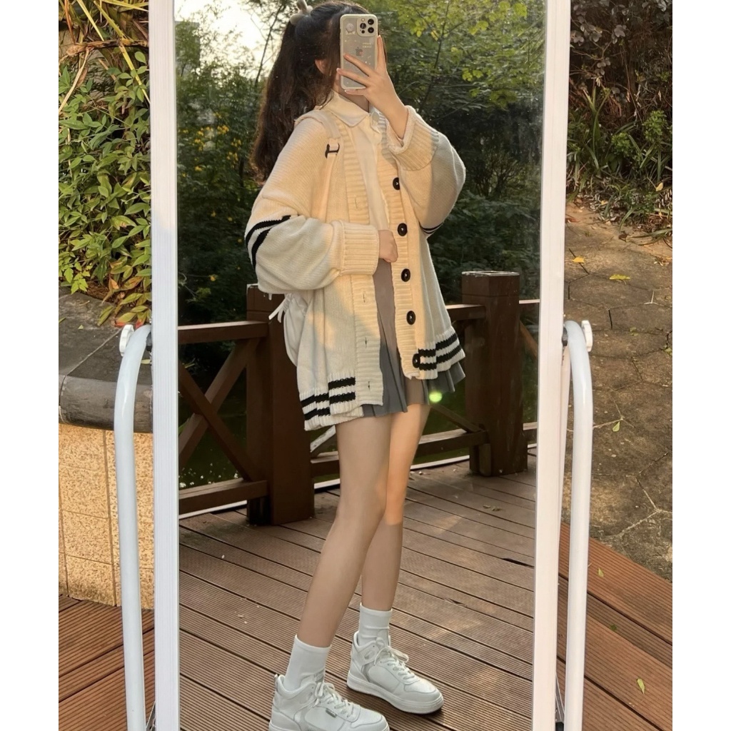 Áo khoác len nữ Cardigan kem phối sọc đen, Áo khoác dáng dài phong cách Hàn Quốc | BigBuy360 - bigbuy360.vn