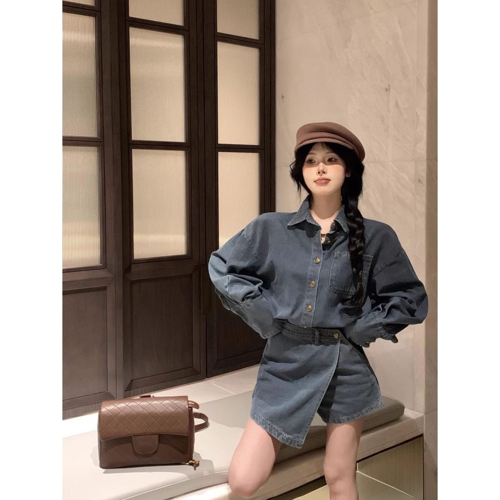 Set Áo Khoác Jeans Dài Tay + Chân Váy Jeans Thời Trang Hàn Cho Nữ 3n