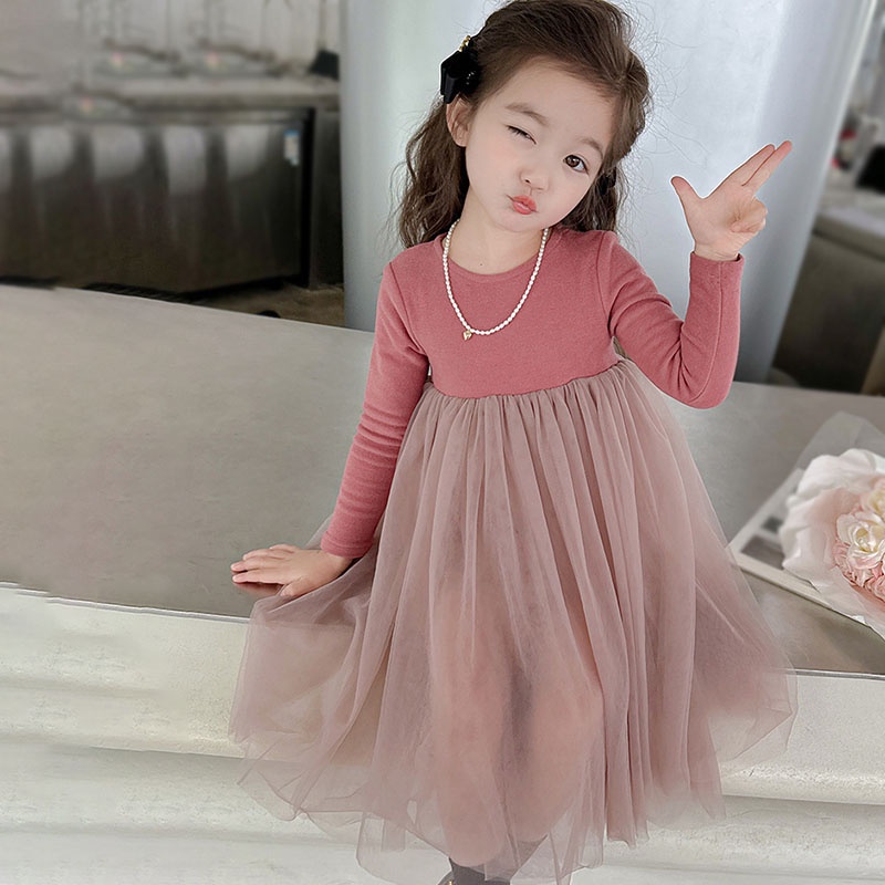 Se7en Đầm Công Chúa Tay Dài Phối Lưới Màu Trơn Dễ Thương Thời Trang Mùa Thu Cho Bé Gái