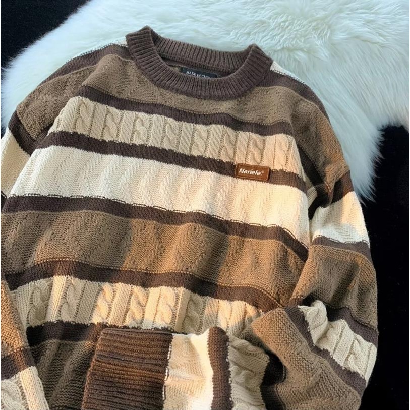 Áo sweater Dệt Kim Tay Dài Cổ Tròn Dáng Rộng Họa Tiết Kẻ Sọc Thời Trang Mùa Đông 2022 Cho Nam