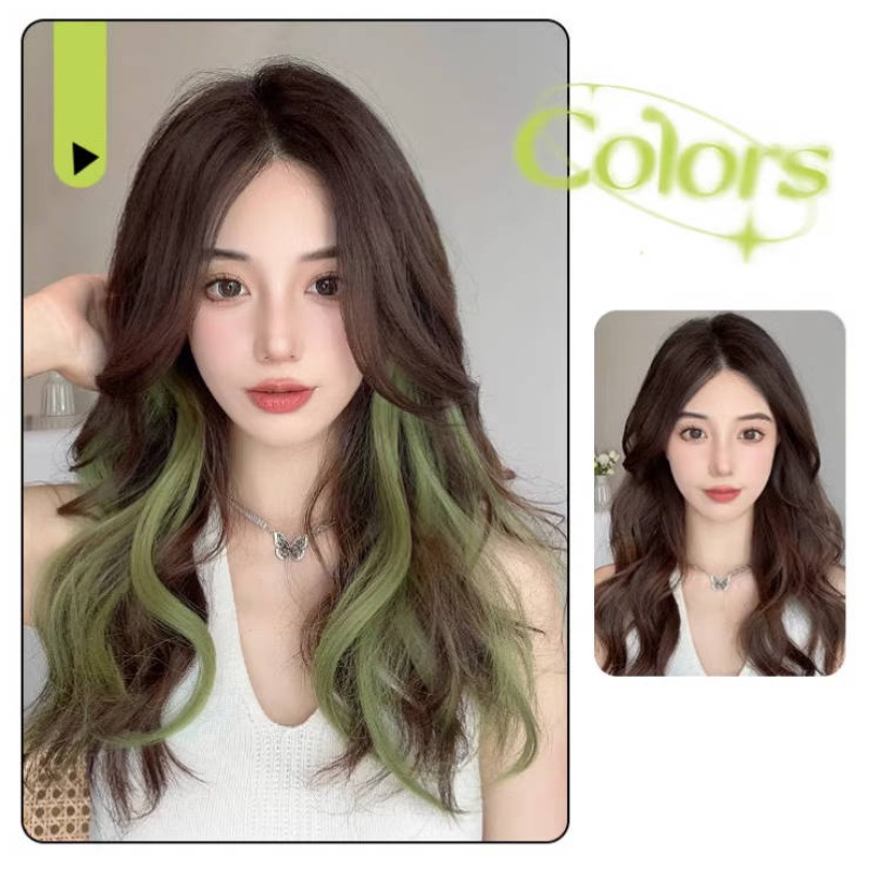 Bộ Tóc Giả Dài Xoăn Gợn Sóng Màu Xanh Lá Cá Tính Thời Trang Cho Nữ