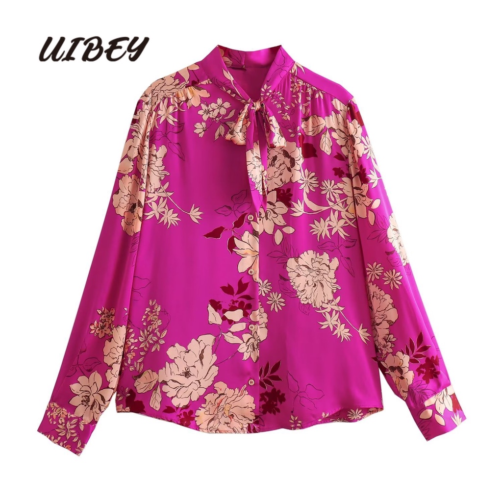 Uibey Áo Sơ Mi Cổ Đứng In Họa Tiết Fila Chất Liệu satin 9750