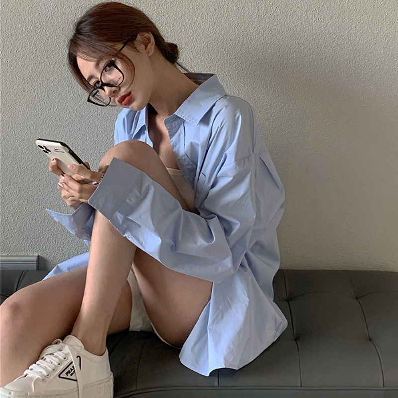 Áo Sơ Mi Mi Mi Mi Tay Dài oversize Phong Cách Hàn Quốc Cho Nữ