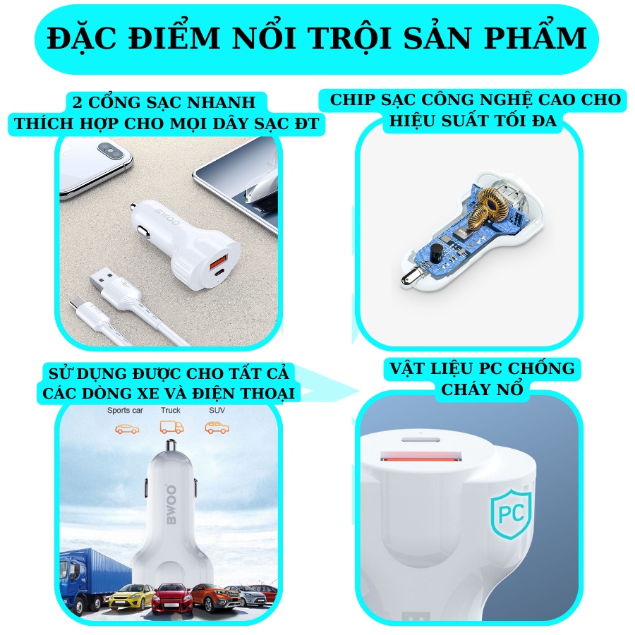 Tẩu sạc nhanh ô tô 2 cổng BWOO 30W PD Usb Tyc Chống cháy nổ cho iphone samsung oppo xiaomi PINSHOP | BigBuy360 - bigbuy360.vn