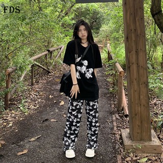 Fds Bộ Áo Thun Ngắn Tay In Hình Cún Hoạt Họa Phối Quần Ống Rộng Lưng Cao Thời Trang Mùa Hè Hàn Quốc Cho Nữ