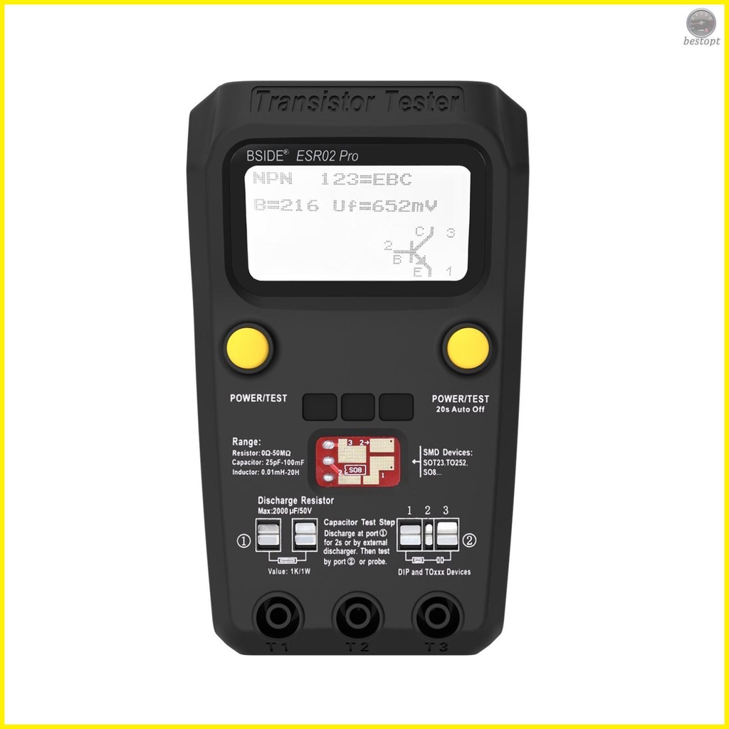 BSIDE Transistor Tester Multifunctional Digital Tester Diode Resistor Capacitance Inductance MOSFET NPN PNP Triac MOS Detector with Test Clip