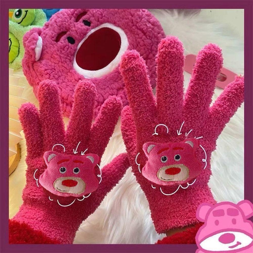 Găng Tay Lái Xe Năm Ngón Hình Gấu Bông Màu Trắng Ngà Hoạt Hình Dễ Thương Lông Cừu San Hô Đeo Ngón Tay Giữ Ấm Mùa Thu Đông