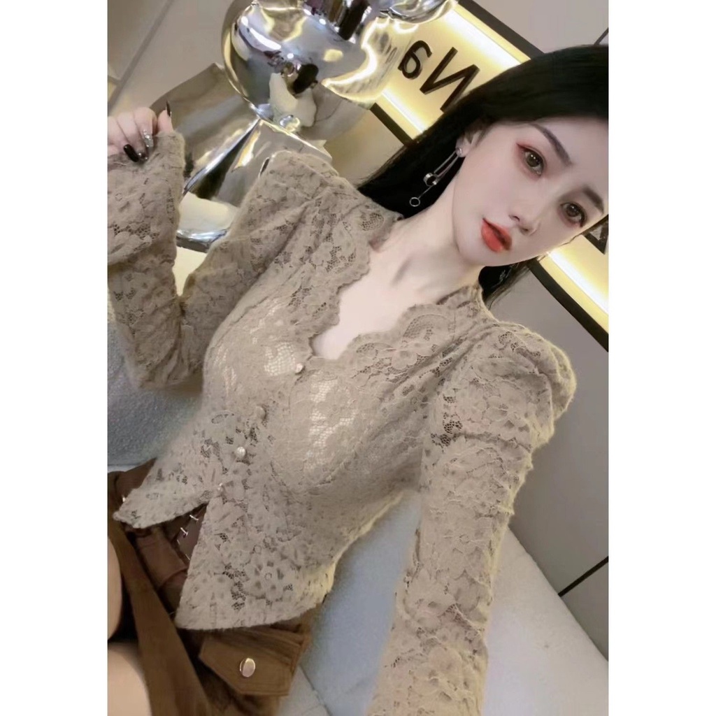 Áo Ren Tay Dài Phồng Cổ Chữ v Dáng Ôm Thời Trang Mùa Thu Mới Dành Cho Bạn Nữ