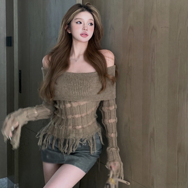 Áo sweater Tay Dài Hở Vai Phối Tua Rua Màu Trơn Giữ Ấm Mùa Thu Cho Nữ