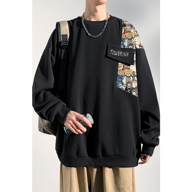 Áo sweater Cổ Tròn Tay Dài Dáng Rộng Thêu Hình Gấu Kiểu vintage Thời Trang Mùa Thu Cho Nam
