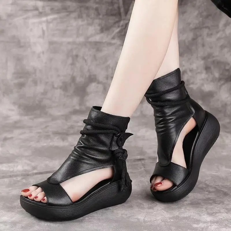 Giày Bốt Da Đế Xuồng Mềm Cổ Cao Hở Ngón Thời Trang Mùa Hè Cho Nữ